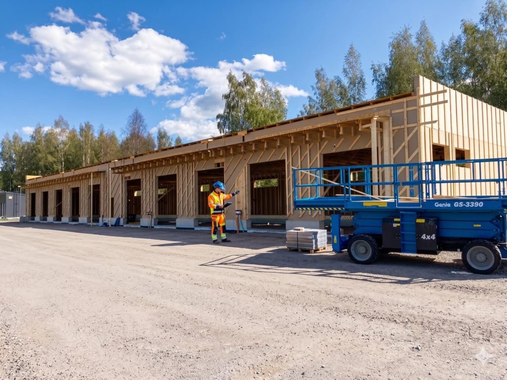 Hallin rakentaminen yritykselle – puurunkoisen hallin runkovaihe työmaalla